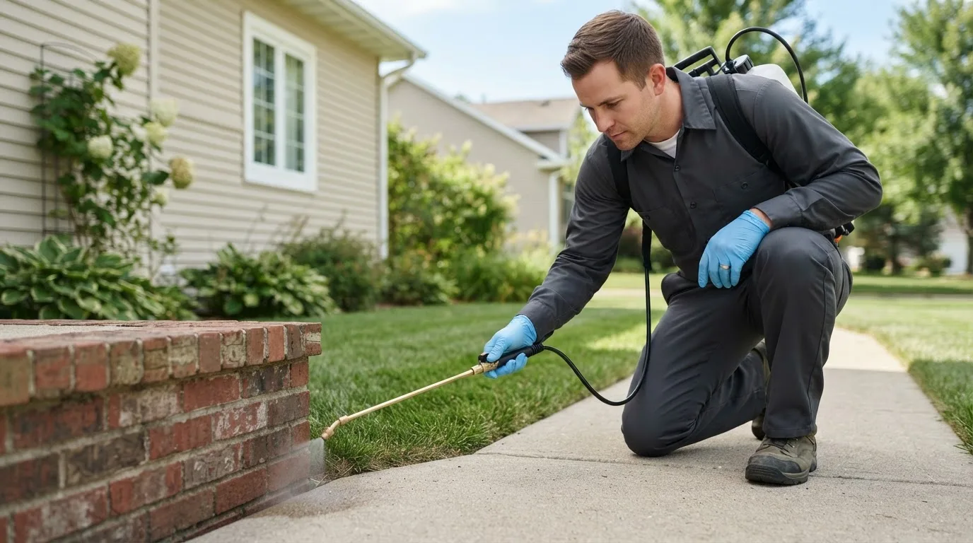 Pest control technician treating a home near Hartford, IA