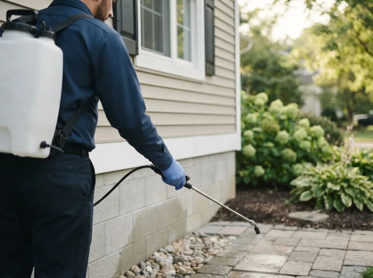 Pest control technician inspecting a home in Hartford, IA